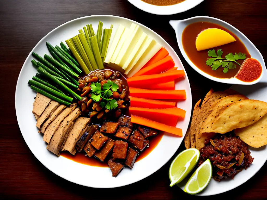 A plate with different Filipino foods including adobo, sinigang, and lechon, showcasing the blend of flavors and ingredients in Filipino cuisine.