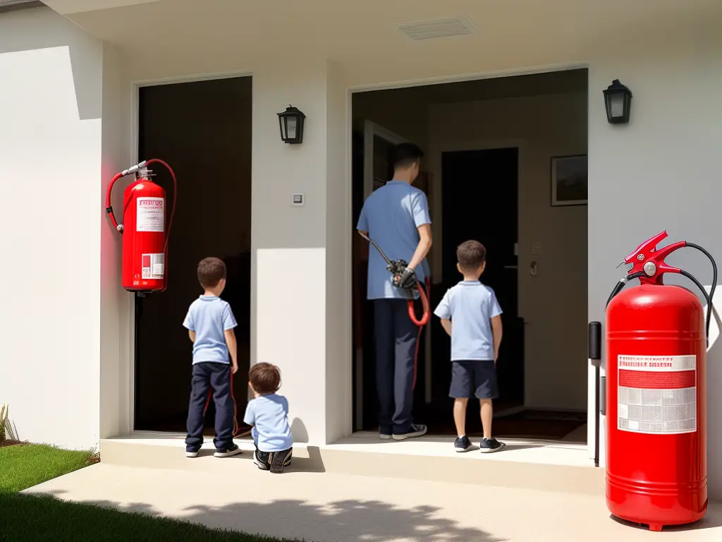 An image of an ABC-rated fire extinguisher, surrounded by pictorial representations of a smoke detector, a family standing outside their home, and a door leading outside.