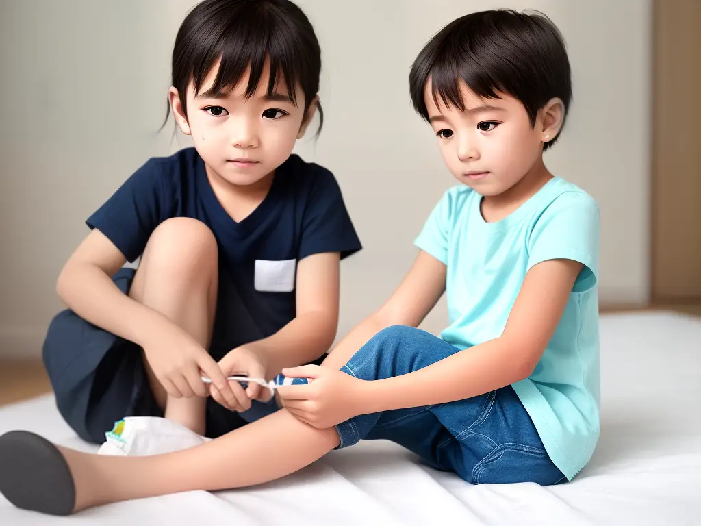 An image of a child with a band-aid on their finger, an ice pack on their arm, and a non-stick dressing on their leg, representing the first aid techniques for small cuts, bruises, and burns.