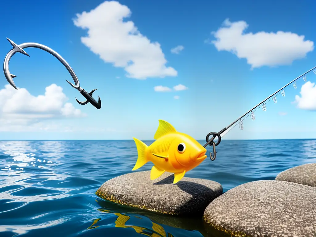 A cartoon fish jumping out of the water with a fishing hook in its mouth, with a cloudy sky in the background.