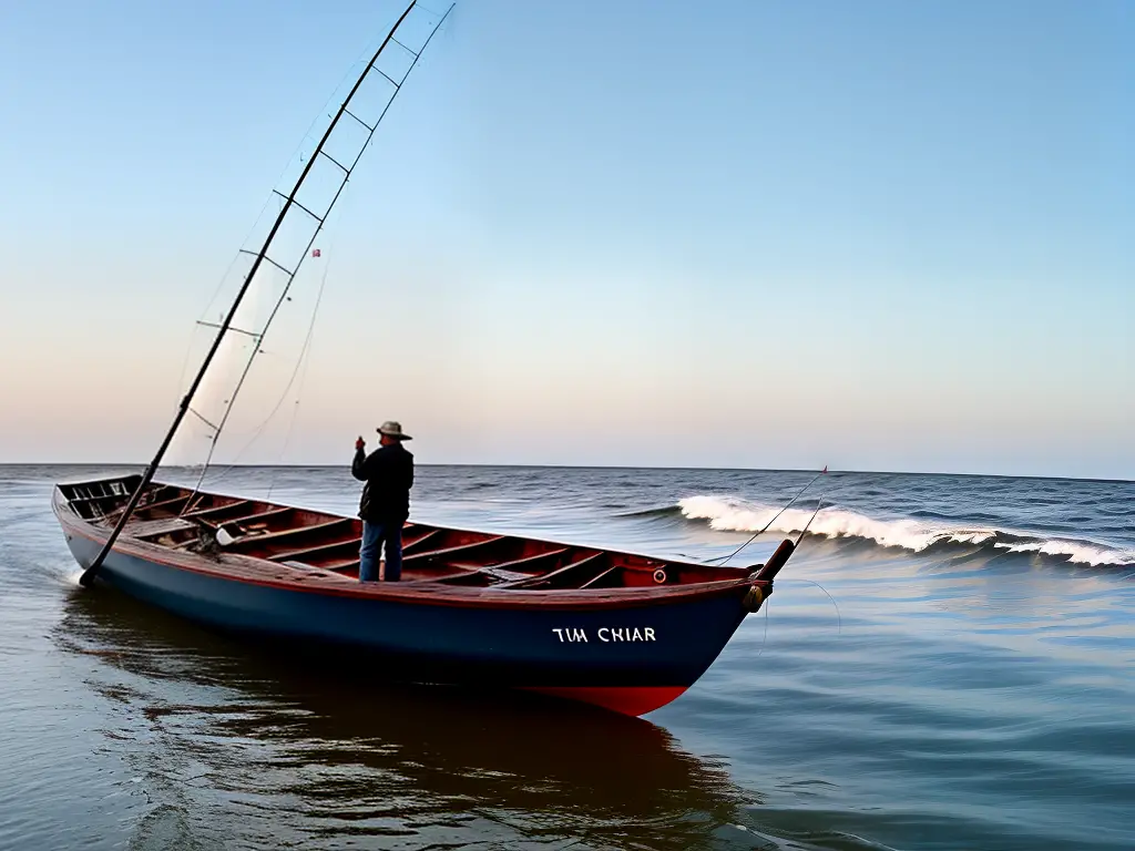 An image of a fisherman on a boat observing the tide and current in order to catch fish