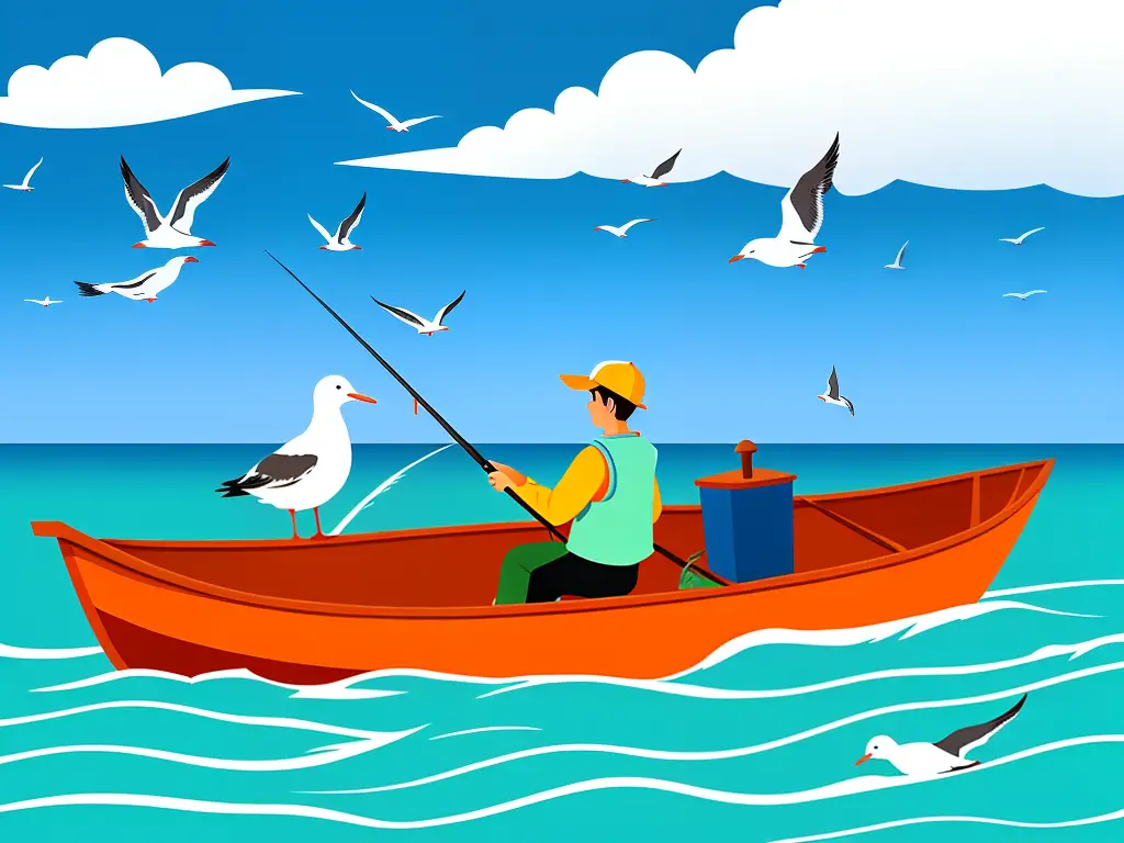 A cartoon illustration of a person fishing on a boat in the ocean with seagulls in the background.