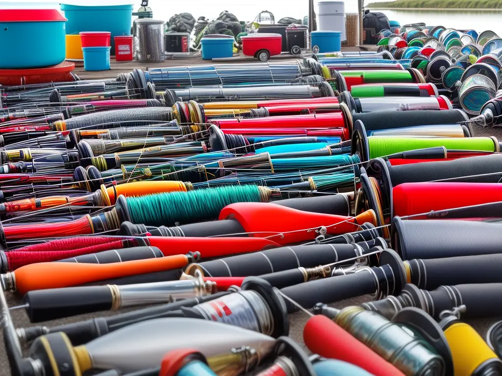 A colorful image of fishing gear including rods, reels, and tackle