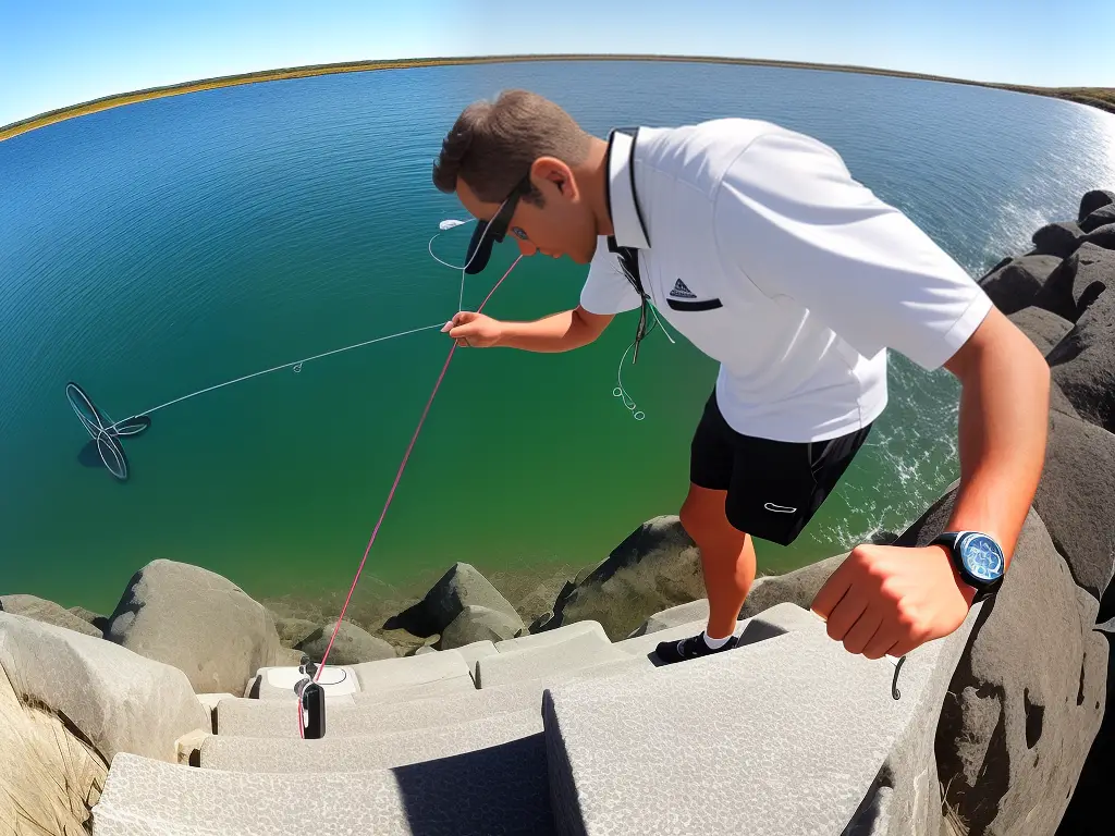 An image showing the steps to tie a Palomar and Uni Knot for saltwater fishing. The first step is to double the line and create a loop with the line through the eye of the hook or lure.