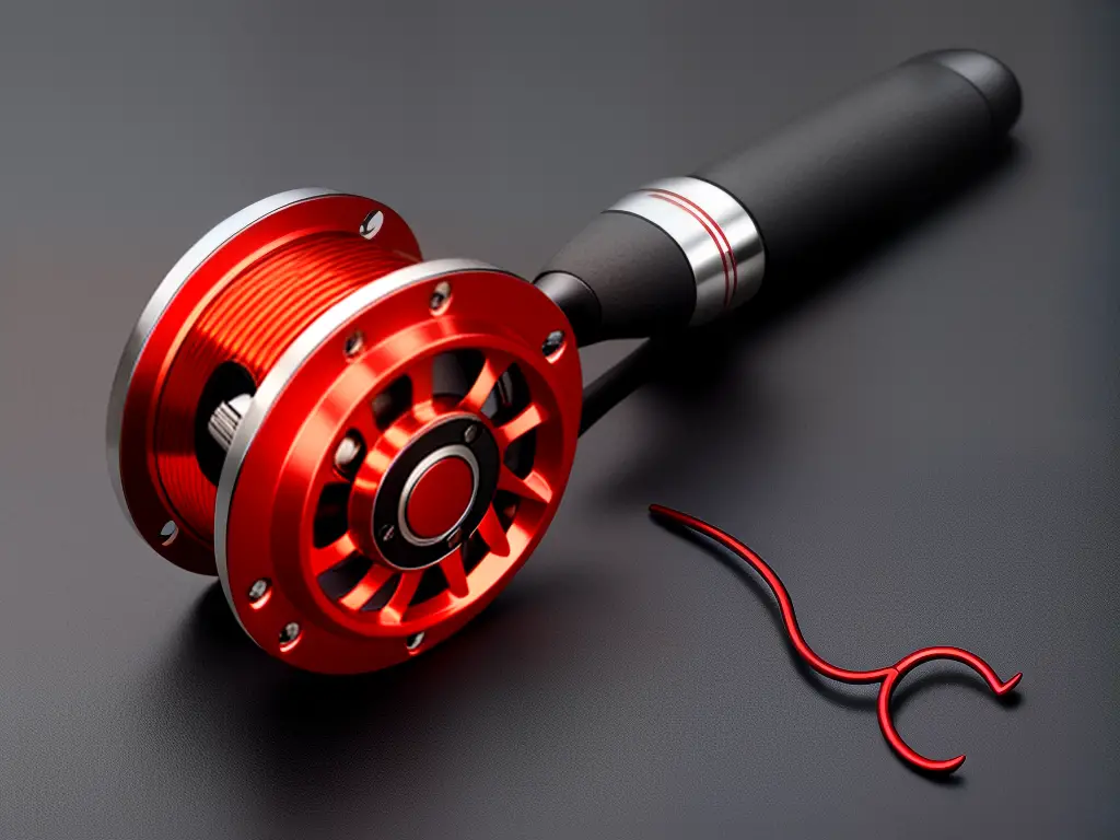 Illustration of a fishing reel, with a red and black finish.