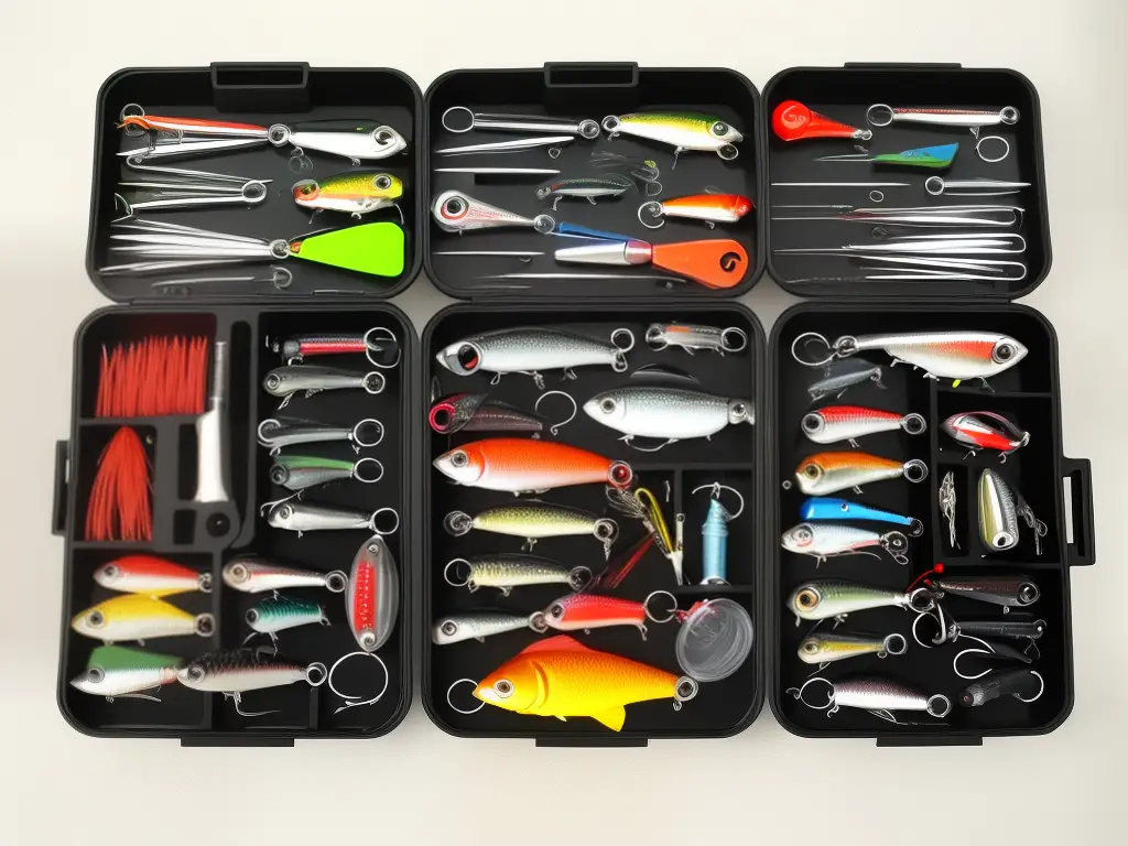 A colorful fishing tackle box guide with hooks, lures, and other fishing equipment.