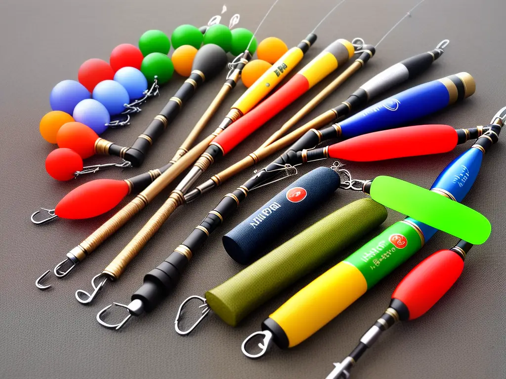 An image of a fishing rod with different colored fishing lures arranged in the order of the four seasons, indicating which lures are best suited for which season.