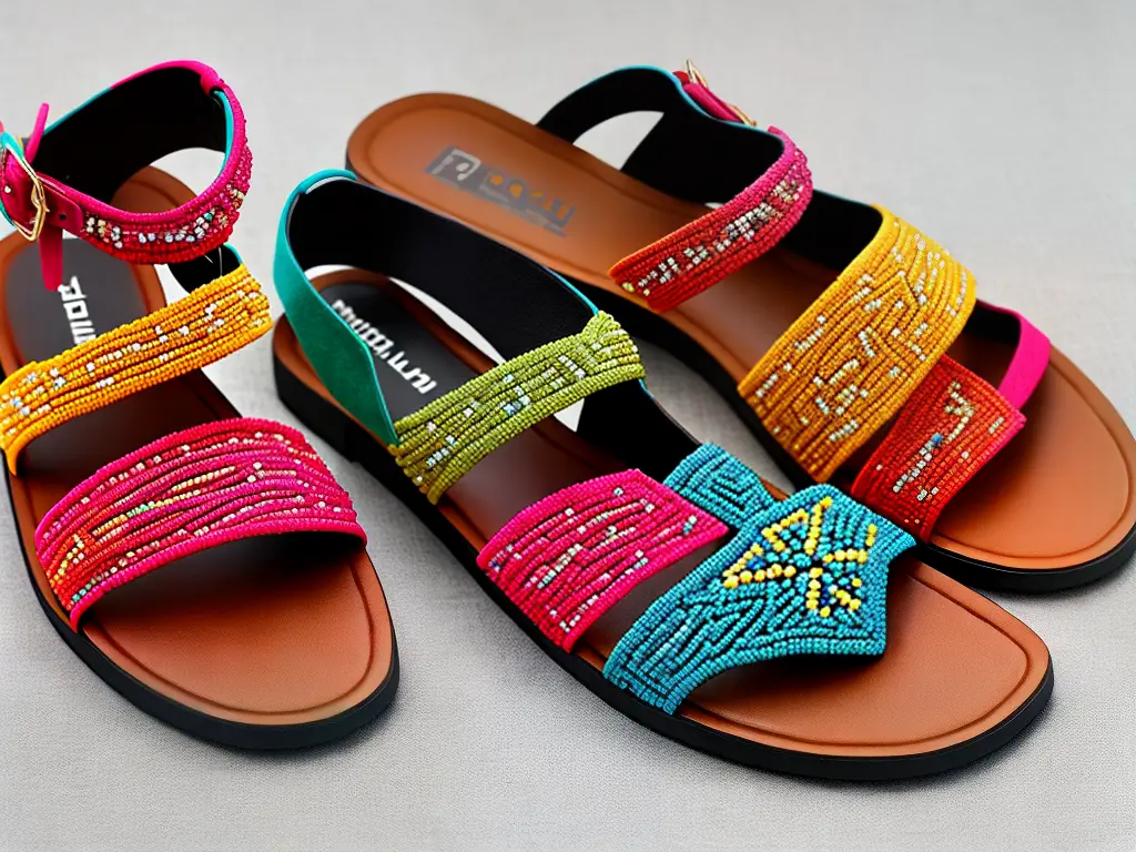 A pair of colorful beaded sandals with intricate designs and patterns.