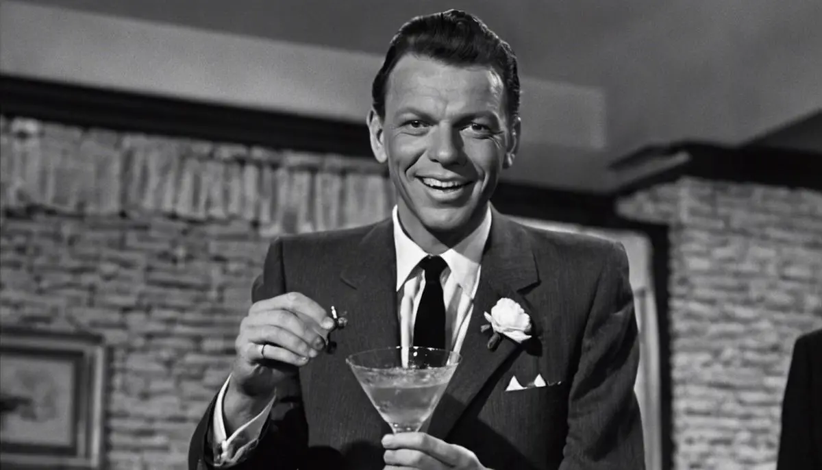 Frank Sinatra holding an Old Fashioned cocktail, dressed in a suit and tie.