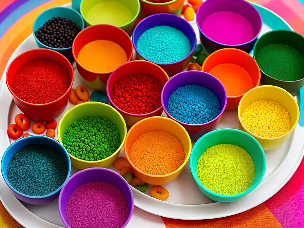 A colorful image of Fruit Loops sorted by color into cups with strings and tape visible nearby, on top of a large tray.