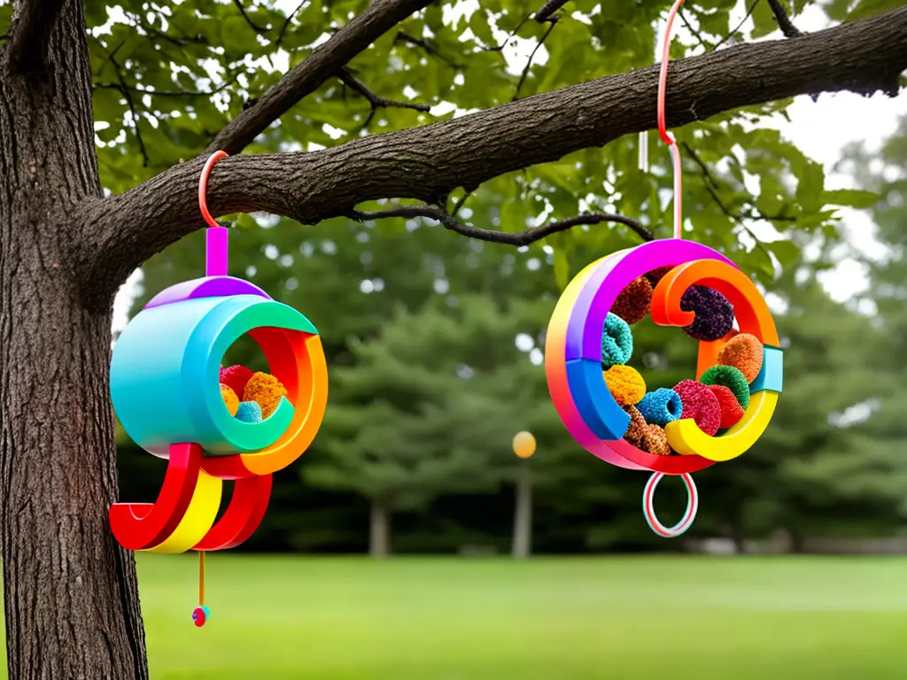 A fruit loop bird feeder made with colorful cereal and a pipe cleaner shaped into a circle hanging from a tree branch.