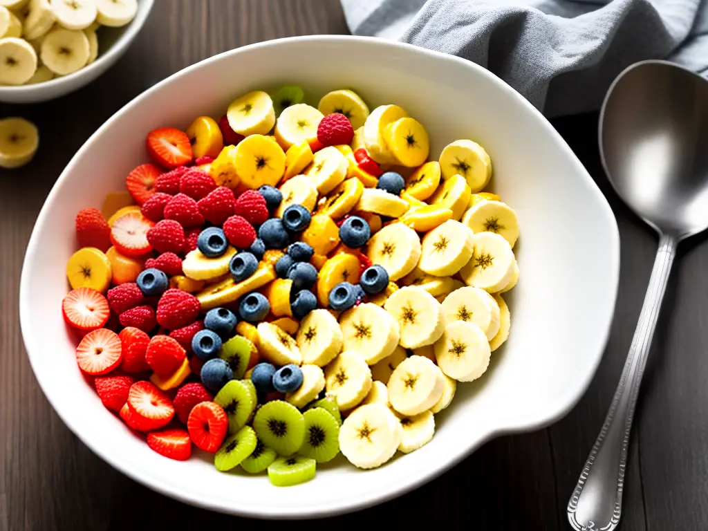 A bowl filled with Fruit Loops cereal with milk, topped with sliced banana