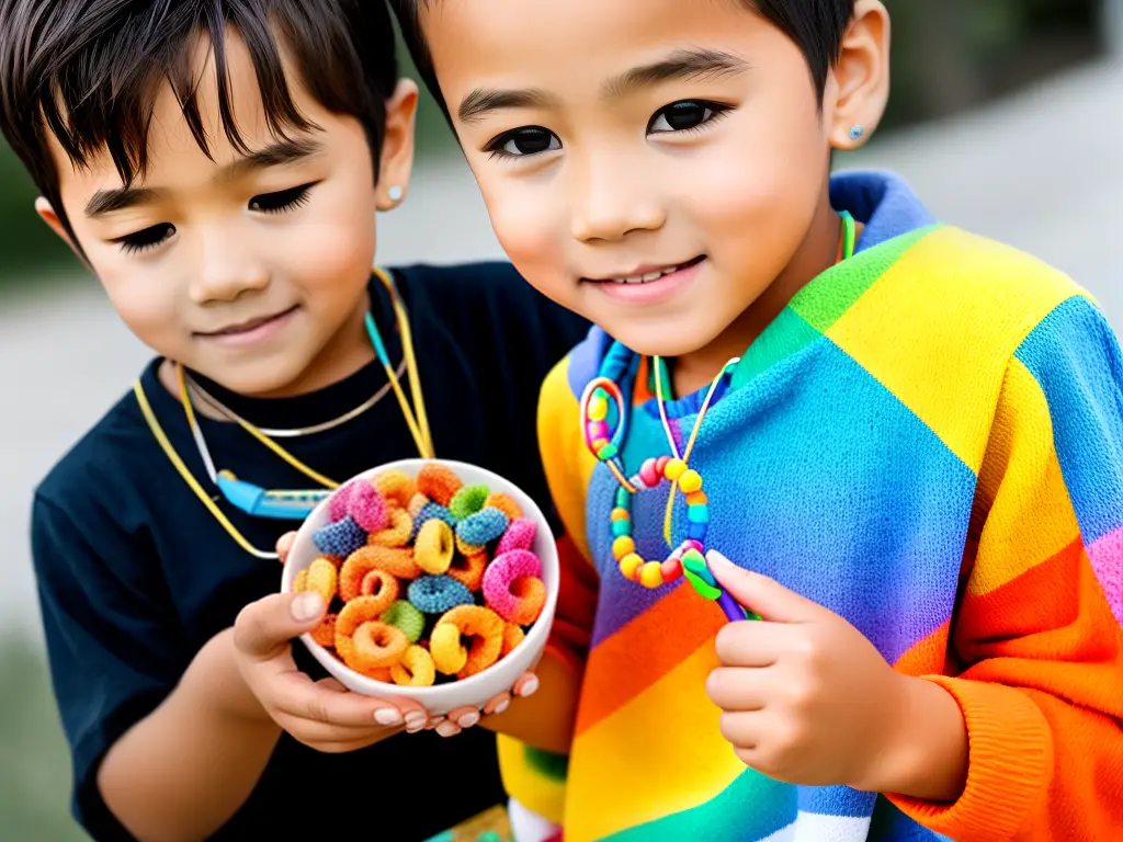 A child's hands holding Fruit Loops cereal while making a Fruit Loops necklace