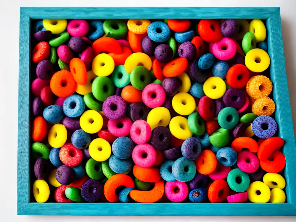 A wooden picture frame with colorful Fruit Loops glued onto it in a fun and random pattern.