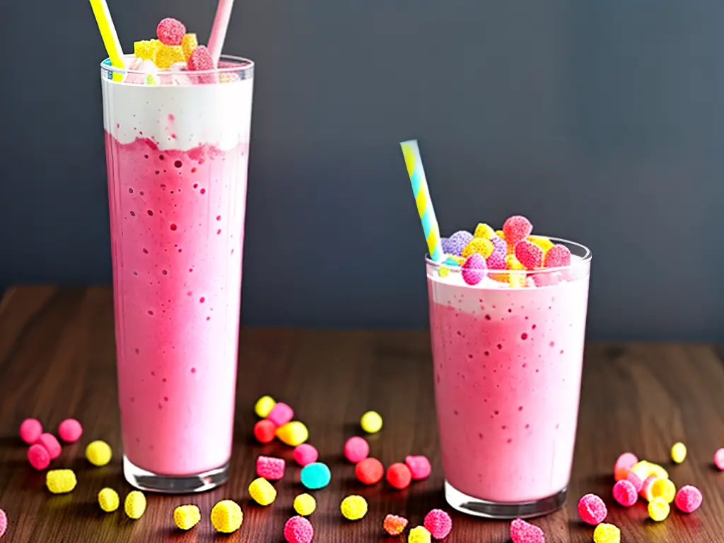 A picture of a tall glass filled with a bright pink milkshake topped with whipped cream and Fruit Loops cereal