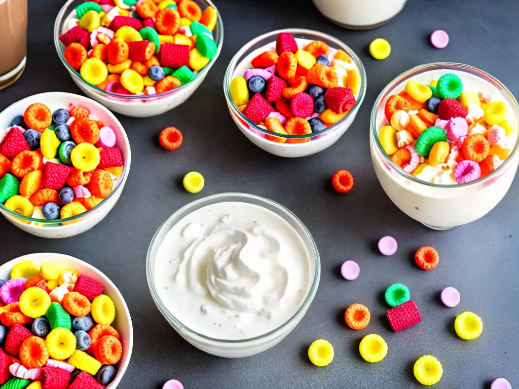 A tall glass filled with a pinkish liquid and cereal with whipped cream and a cherry on top. The glass is surrounded by Fruit Loops cereal.