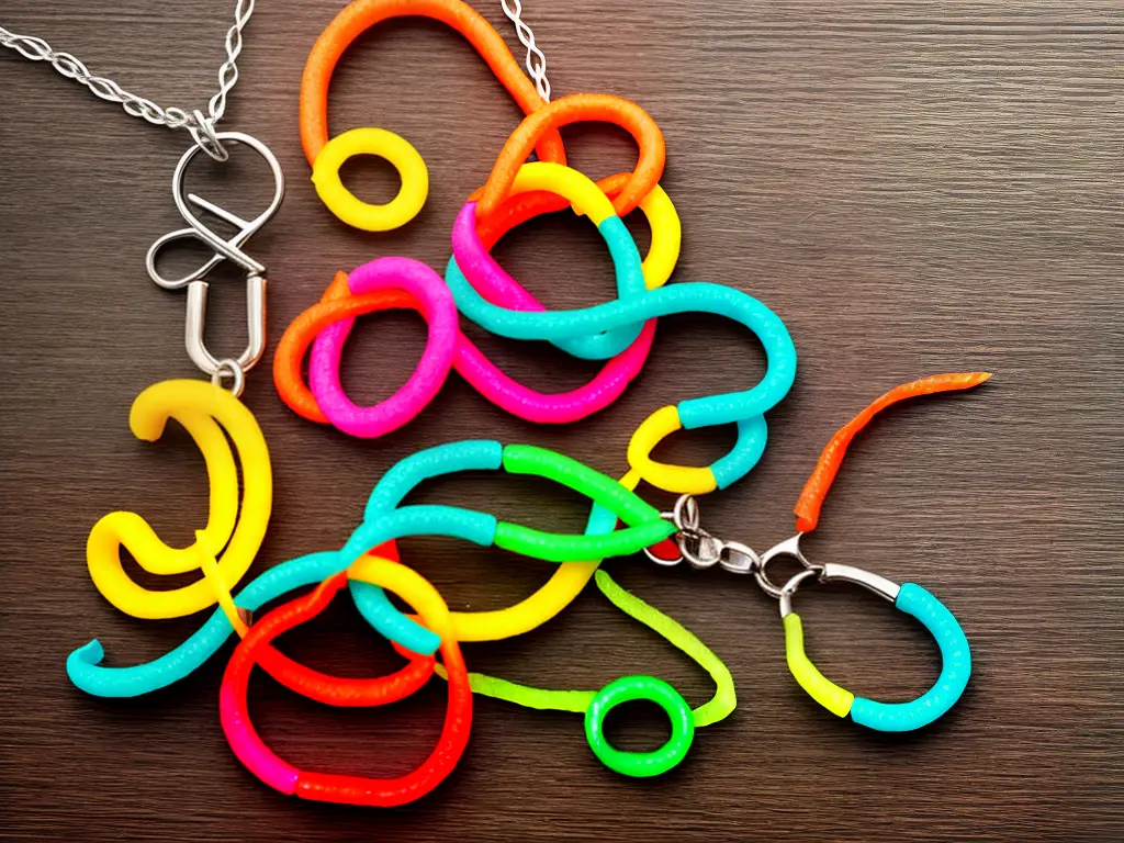 A picture of a colorful necklace made of Fruit Loops cereal on a table alongside scissors and a piece of string.