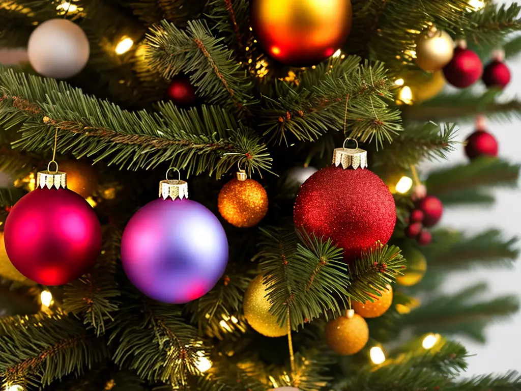 An image of a colorful and festive Christmas ornament made of Fruit Loops cereal hanging on a pine tree.