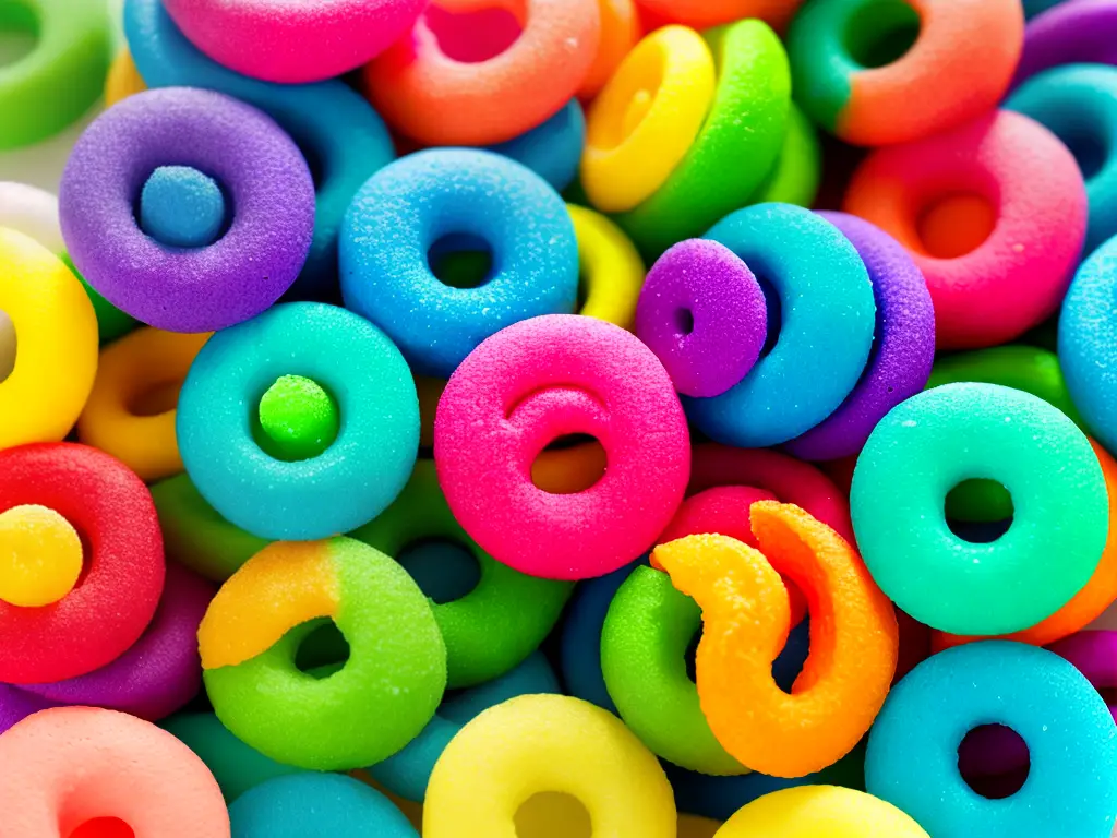 A picture of homemade fruit loops play-dough in a variety of vibrant colors and adorned with various shapes made from the play-dough.