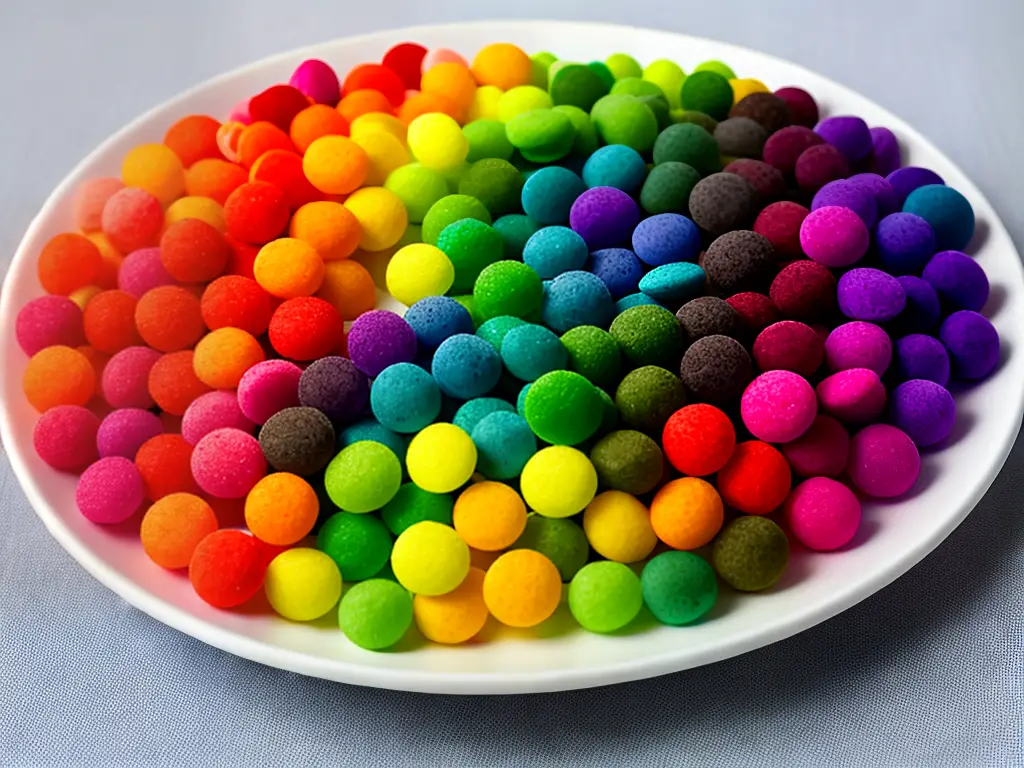 A picture of a colorful Fruit Loops rainbow craft made by applying glue on the curved edge of a paper plate and sticking Fruit Loops cereal on it in order following the order of colors of a rainbow - starting with the traditional red and ending with purple. Cotton balls are added at the base of each side of the rainbow for a fluffy cloud effect.