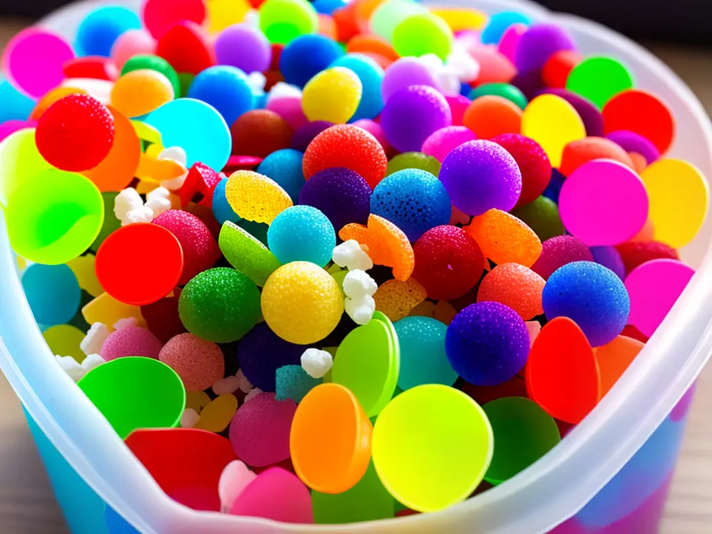 An image of a plastic bin filled with Fruit Loops cereal, measuring cups, spoons, plastic cups, tongs, and a scoop. There are also a few colored pom poms and cotton balls scattered throughout.