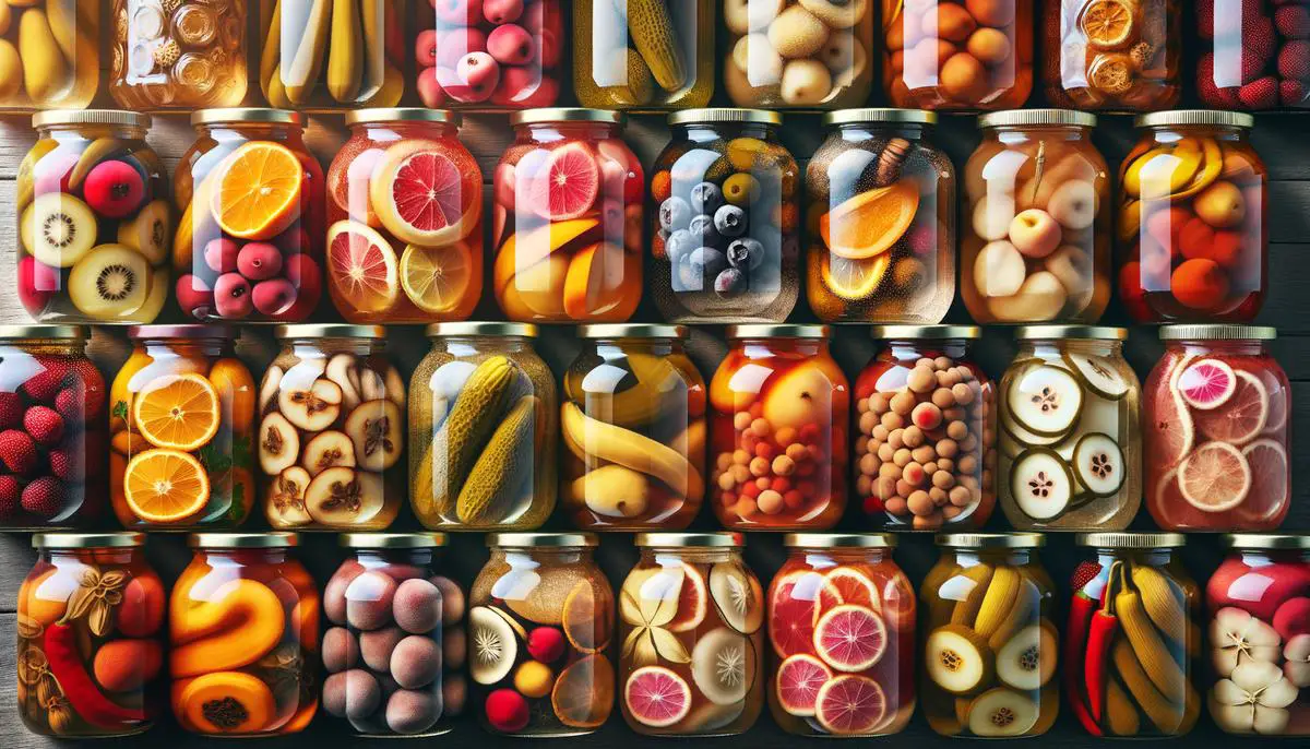 Variety of pickled fruits in jars, showcasing different colors and flavors