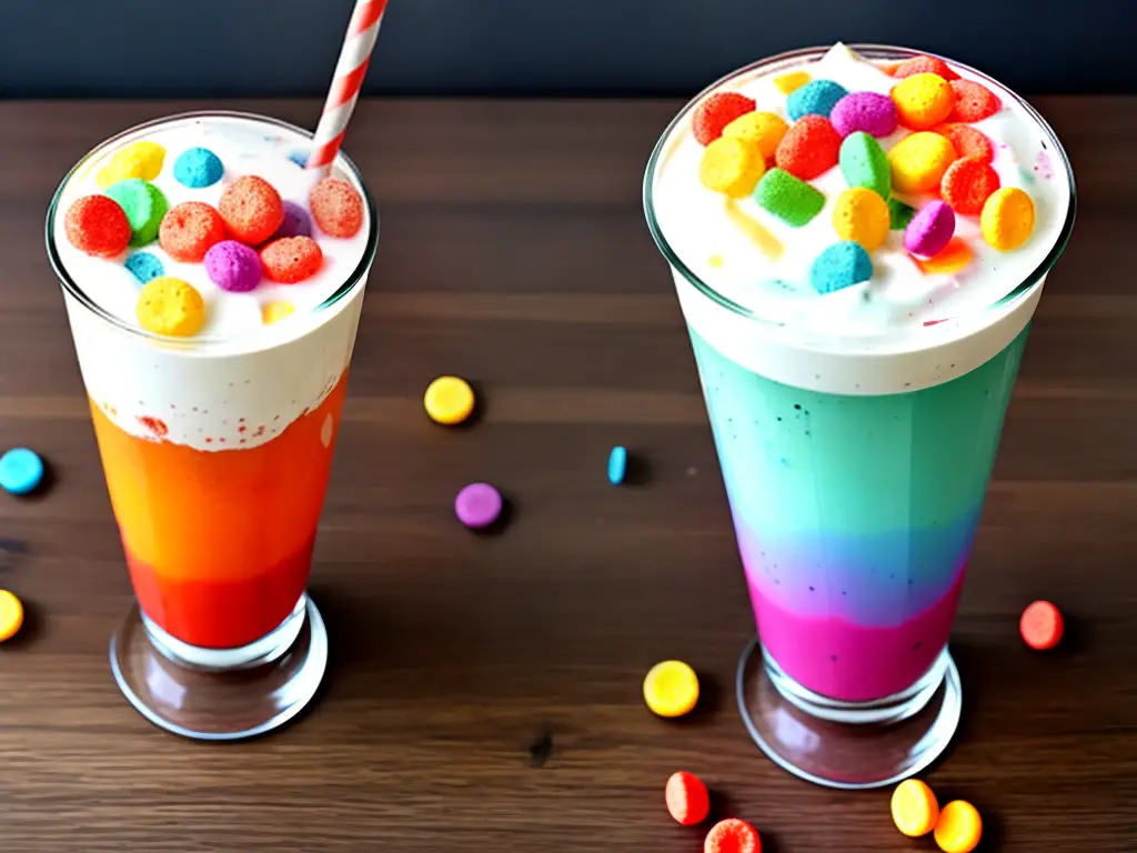 A tall glass filled with a delicious Fruit Loop milkshake, decorated with whipped cream and extra Fruit Loops on top.