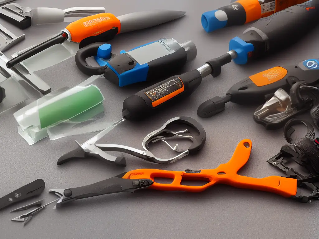 An image of typical tools used in window glass repair including glass cutters, suction cups, and glass pliers