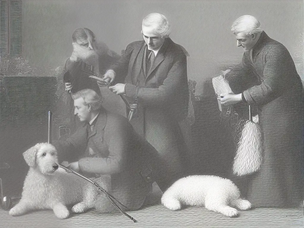 Illustration of a Goldendoodle being groomed with a brush and a comb by its owner.