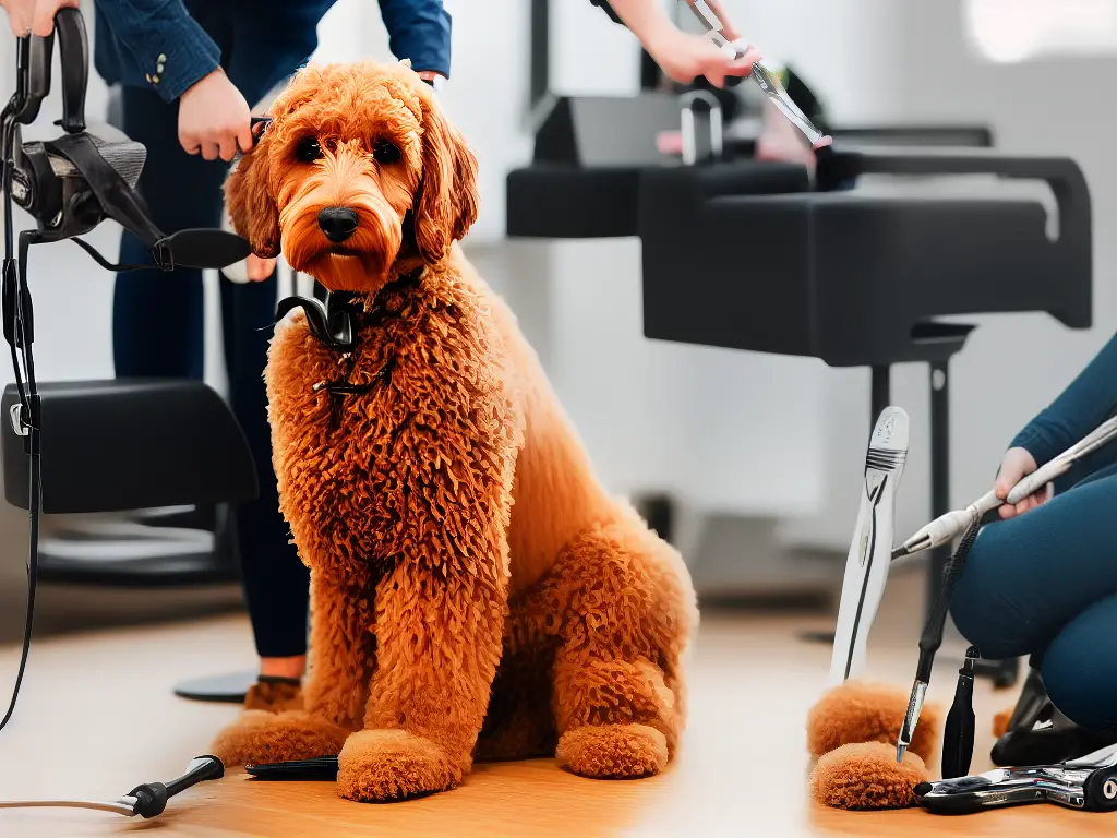 A goldendoodle sitting on a grooming table while being brushed and groomed with different tools.