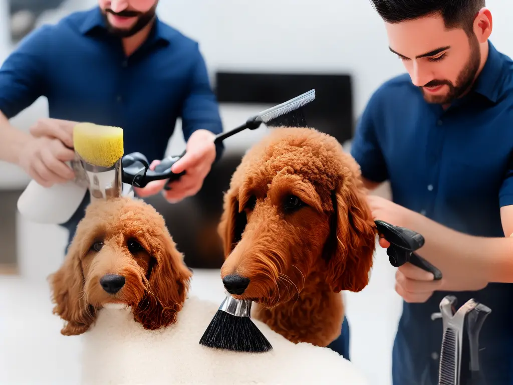 A person grooming a goldendoodle with a brush and clippers.