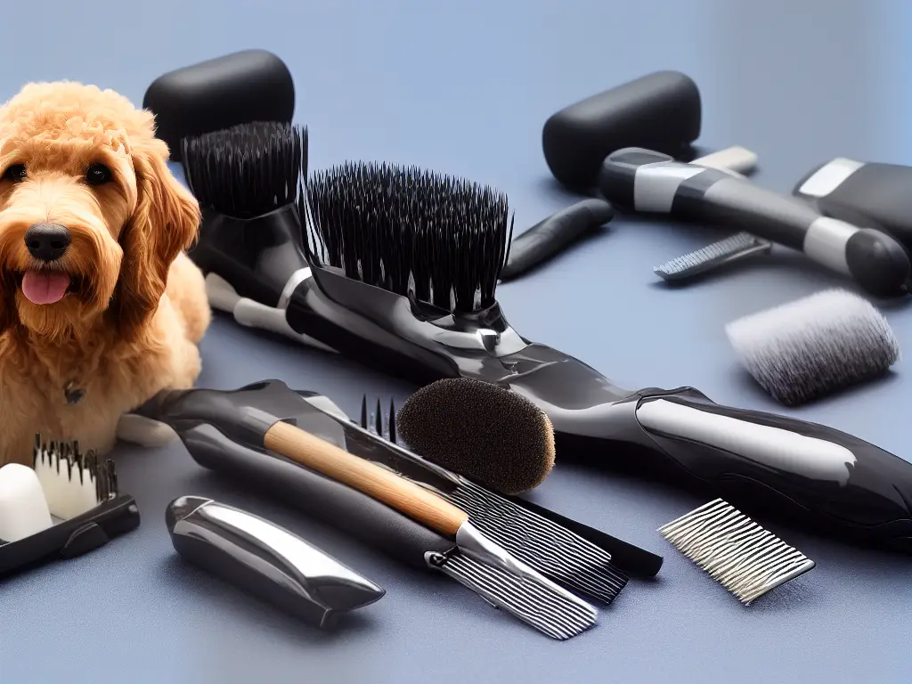 A cartoon image of a Goldendoodle with a variety of grooming tools around it, such as clippers, brushes, and scissors.