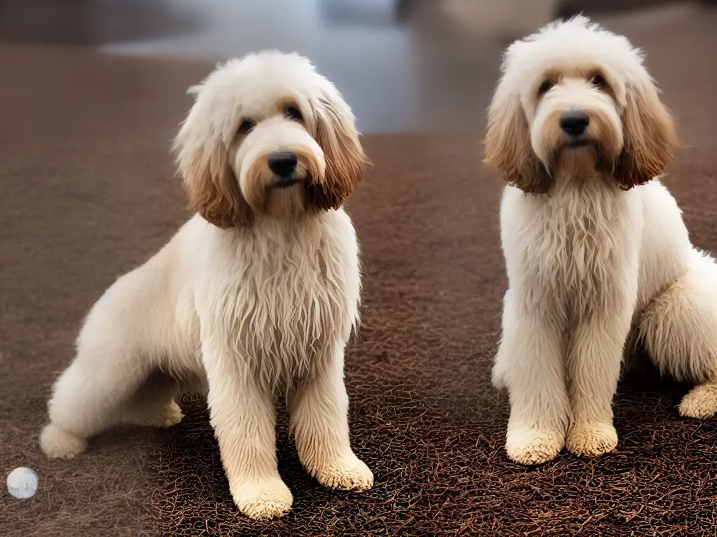 A picture of a groomed Goldendoodle with a shiny, healthy coat and no tangles or mats.