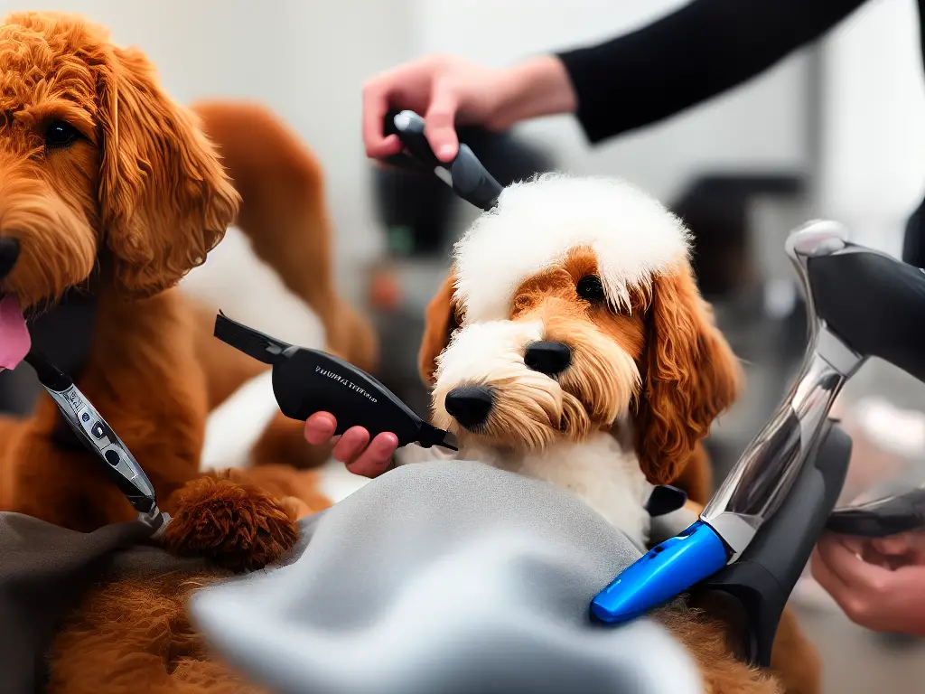 A cartoon image of a Goldendoodle dog getting a haircut with a handheld clipper and brushing.