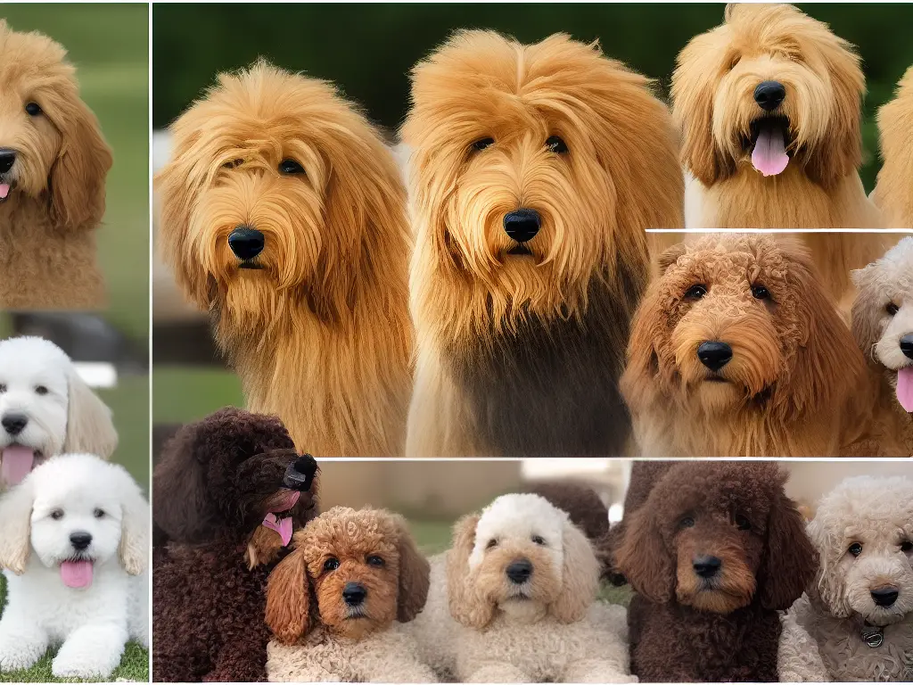 An image showing different goldendoodle haircuts. There are four images side by side, with the teddy bear cut on the top left, puppy cut on top right, lamb cut on bottom left, and lion cut on bottom right. Each image shows a goldendoodle with a different haircut style.