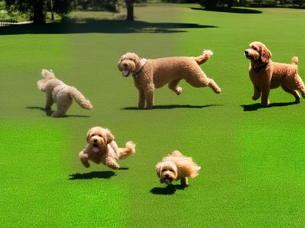 Golden doodles enjoying themselves in a park or playing catch in the yard.