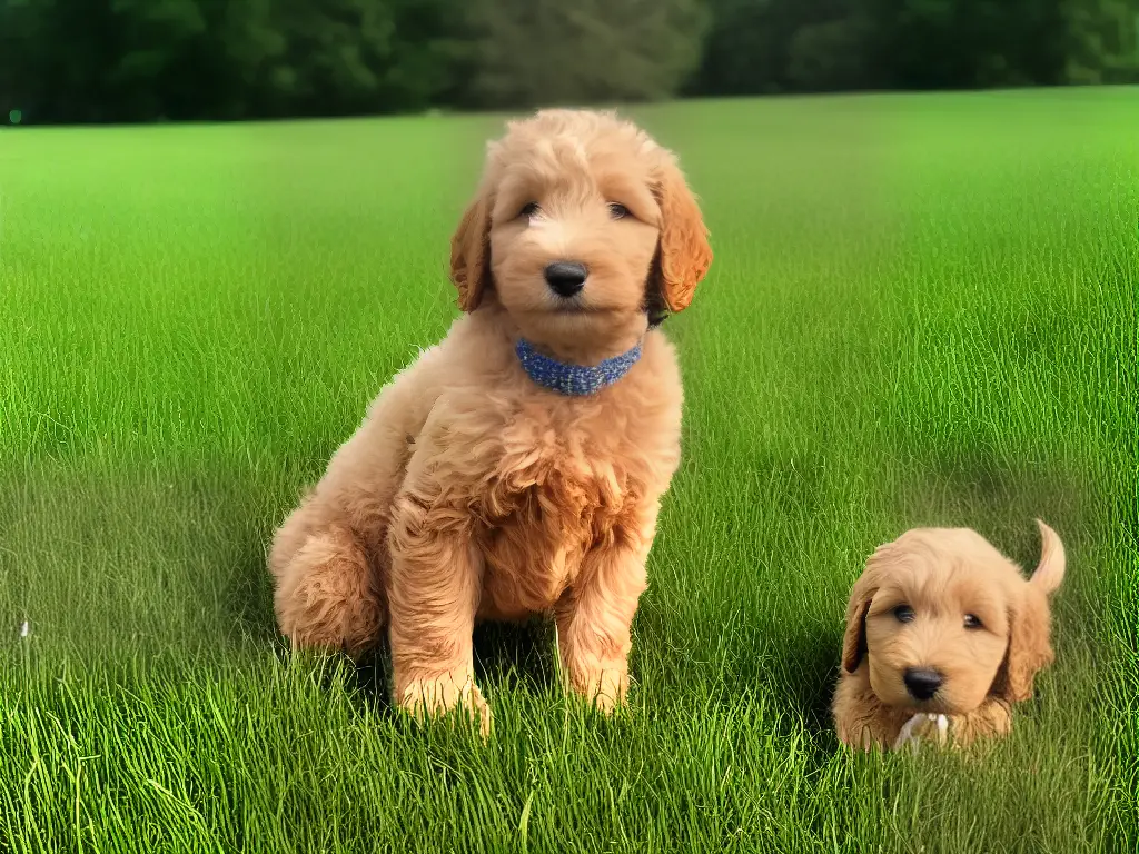 A photo of a goldendoodle puppy sitting in a grassy field, looking at the camera with a happy expression.