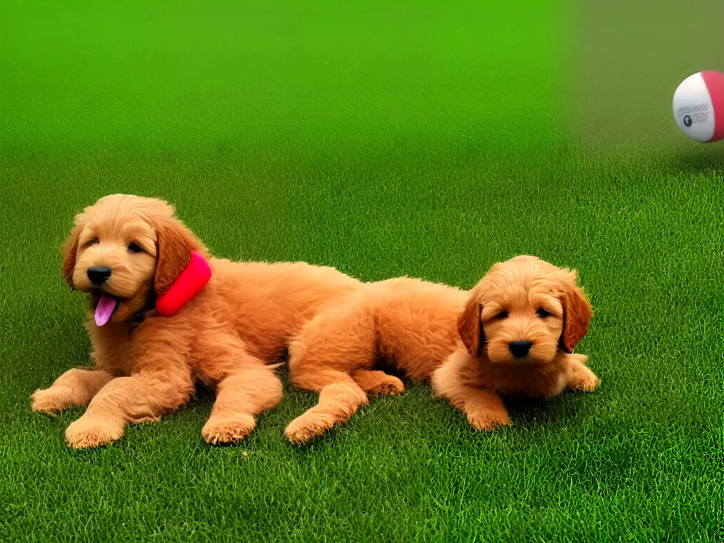 A cute Goldendoodle puppy lying on a green field with a red tennis ball in its mouth.