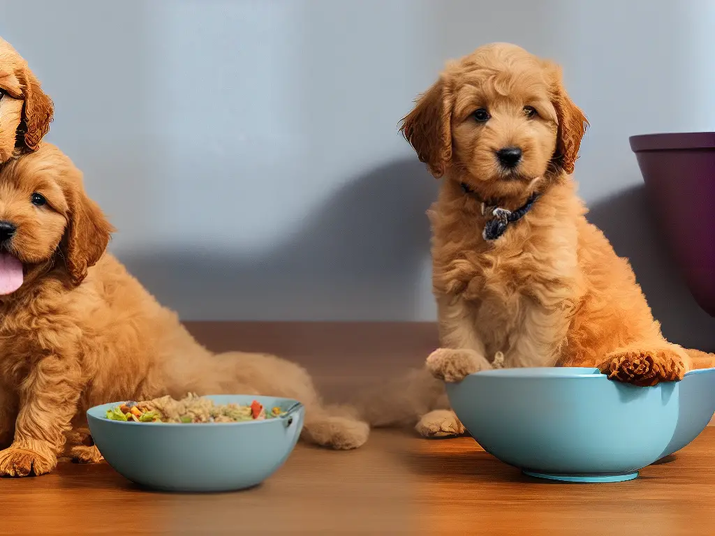 A cartoon drawing of a Goldendoodle puppy sitting next to a bowl of food.