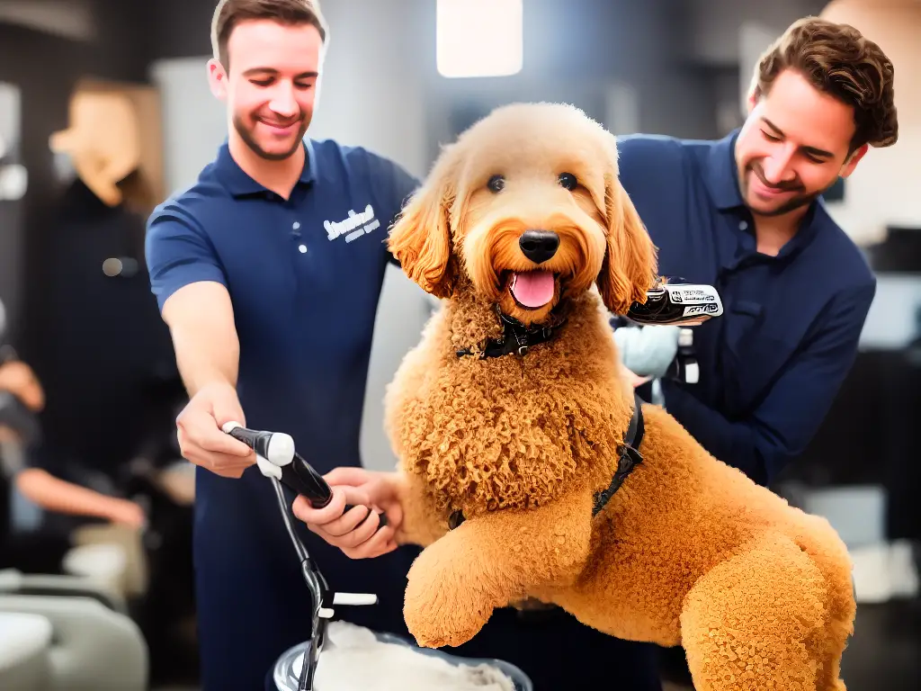 A Goldendoodle puppy being brushed and groomed by a professional groomer with a smile on its face.