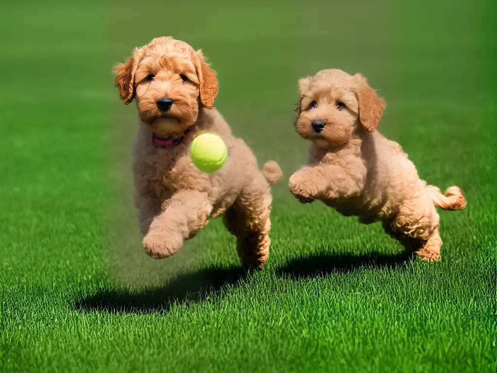 A Goldendoodle puppy playing fetch with a tennis ball in a grassy field.