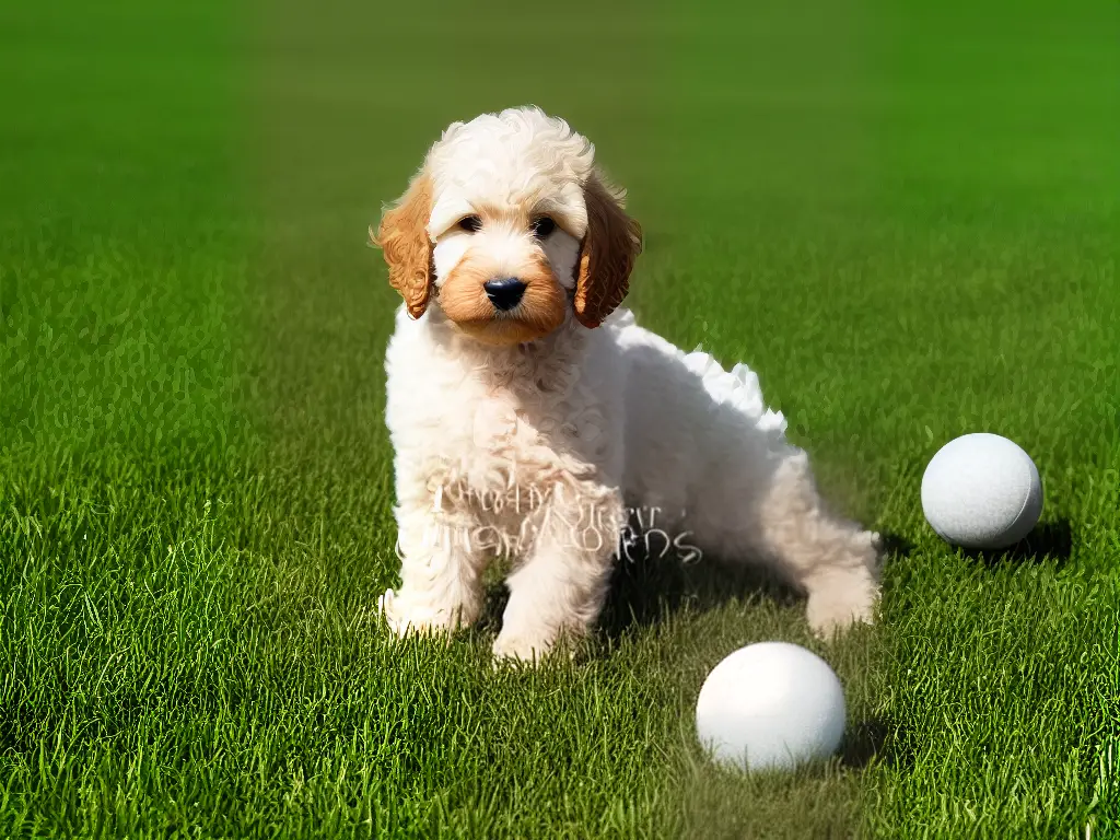 A Goldendoodle puppy with curly blonde fur playing with a rubber ball in a grassy field.