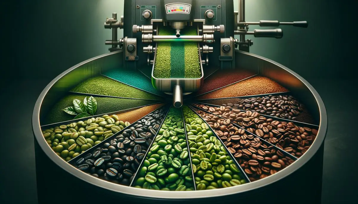 A close-up image of green coffee beans being roasted in a roaster, showing the beans in various stages of browning