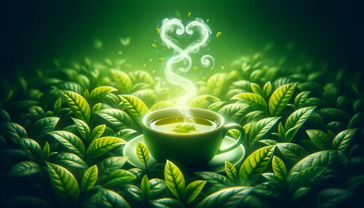 An image showing a cup of green tea with steam rising, surrounded by fresh green tea leaves