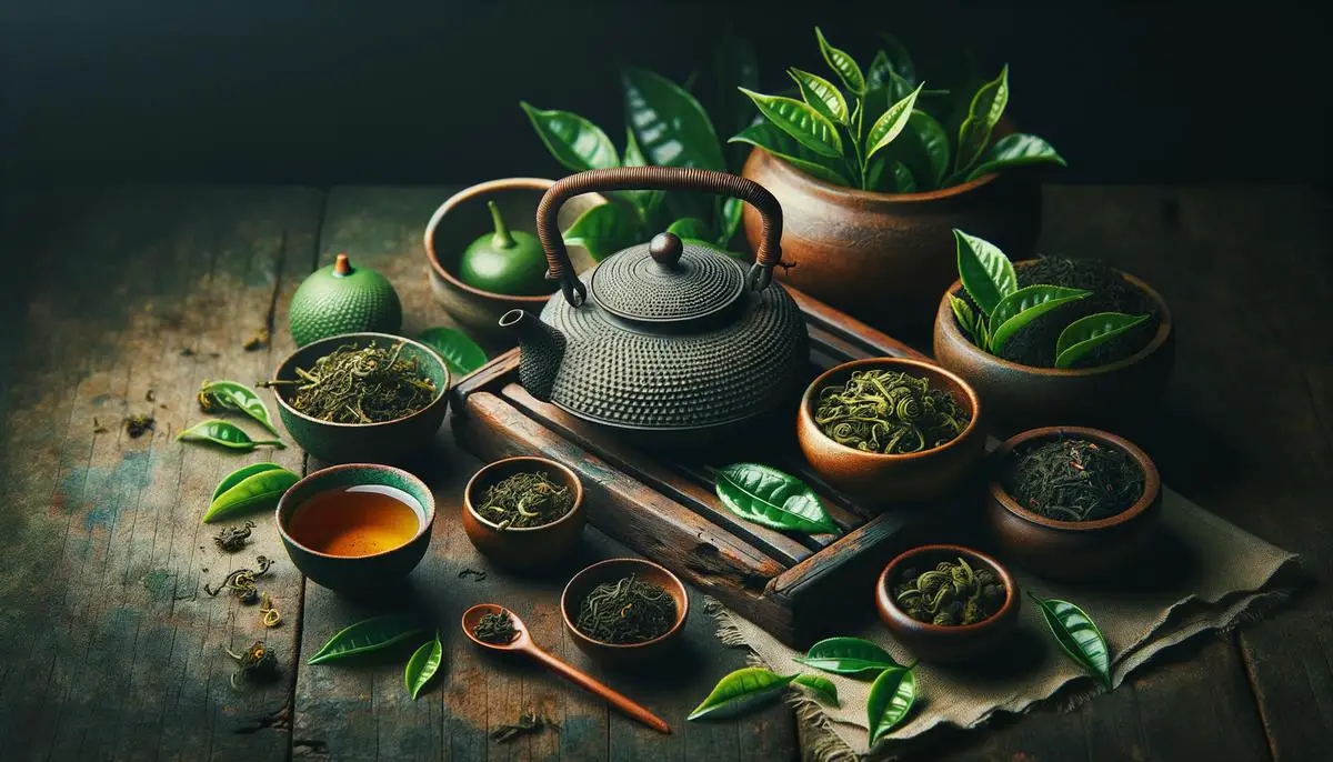 Various green tea leaves and a teapot on a wooden table