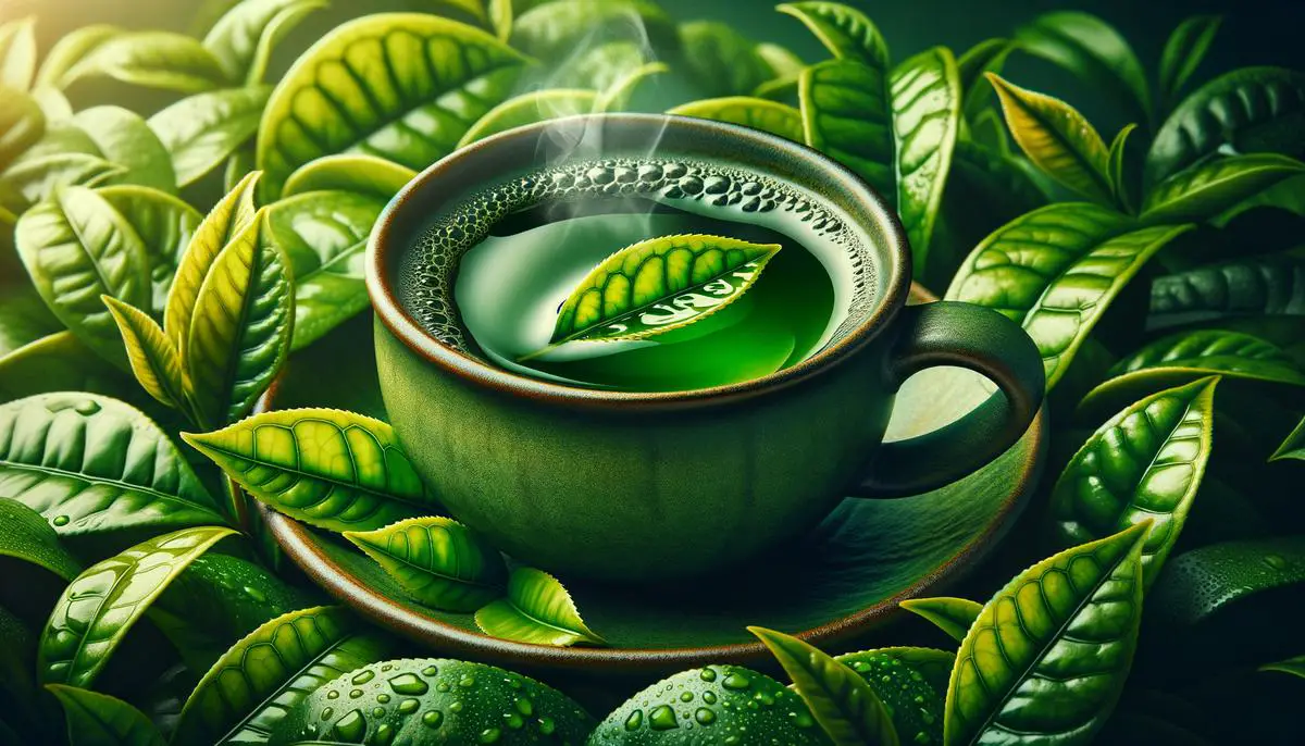 A serene image of a cup of steaming green tea surrounded by fresh green tea leaves