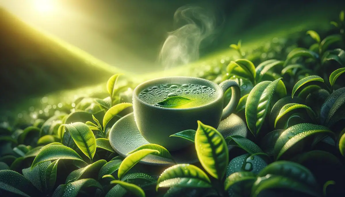 A serene image of a cup of green tea with steam rising from it, surrounded by fresh green tea leaves.