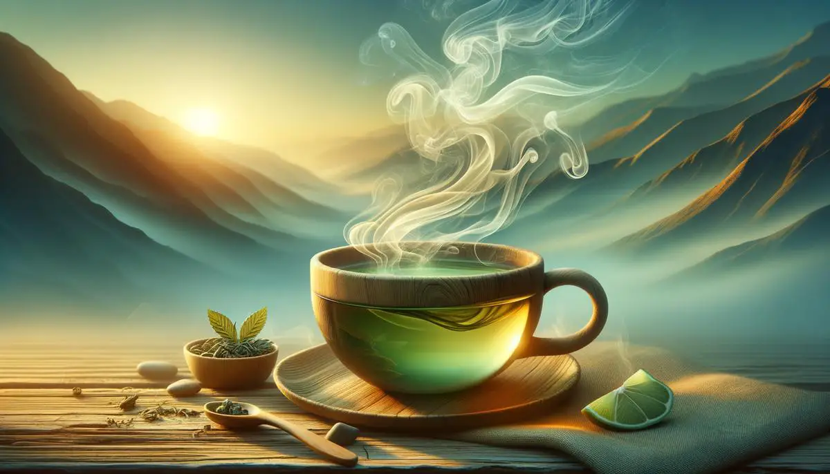 An image of a cup of green tea with steam rising, symbolizing relaxation and mental rejuvenation