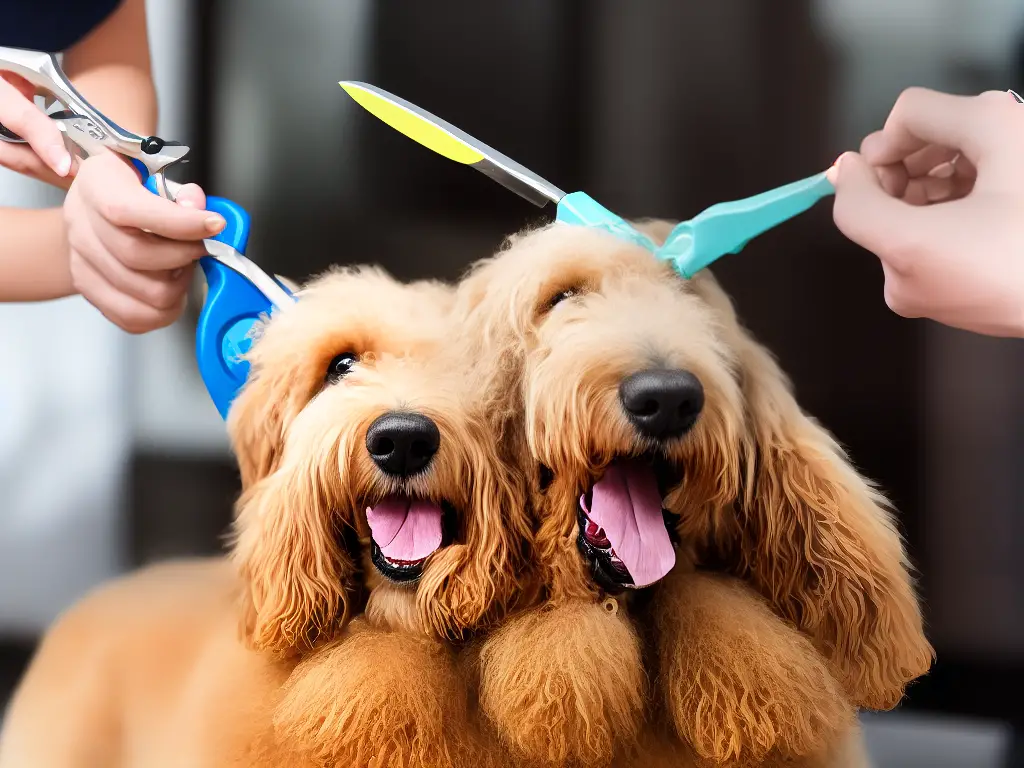 An illustration of a smiling Goldendoodle getting groomed with a slicker brush and rounded-tip scissors.