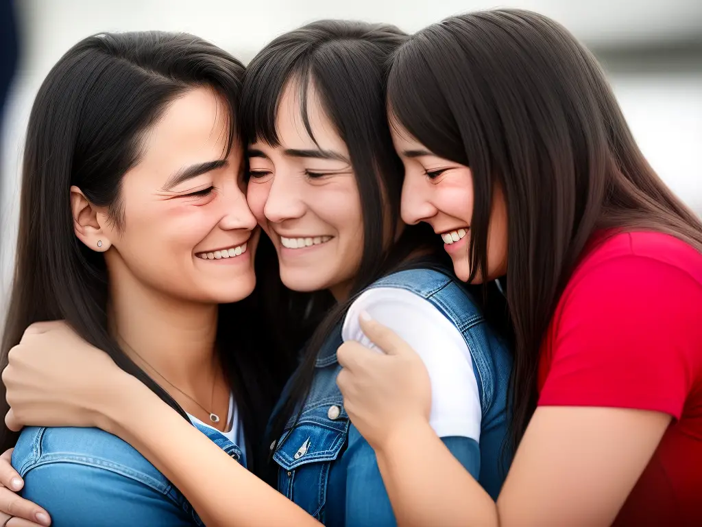 A photo of a mother and daughter embracing each other with tears in their eyes as they reunite for the first time in years.